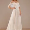 JJsHouse Robe Trapèze Col V Longueur Ras Du Sol Dentelle Tulle Robe De Mariée Avec Brodé Plissé Paillettes