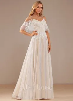 JJsHouse Robe Trapèze Col V Longueur Ras Du Sol Dentelle Tulle Robe De Mariée Avec Brodé Plissé Paillettes