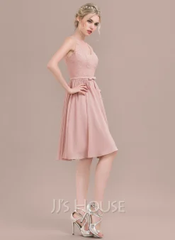 Jjshouse.fr Robe Trapèze Col V Longueur Genou Mousseline Dentelle Dentelle Mousseline Robe De Demoiselle D'honneur Avec Arc -Voiles mariée Soldes c7926e36639f43e36c2256d515eab470