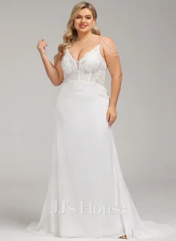 JJsHouse Forme Sirène/trompette Col V Traîne Moyenne Mousseline Dentelle Robe De Mariée Avec Brodé Paillettes 25 JJsHouse Forme Sirène/trompette Col V Traîne Moyenne Mousseline Dentelle Robe De Mariée Avec Brodé Paillettes -Voiles mariée Soldes c881ef6f90c2a0a038009679894b3912