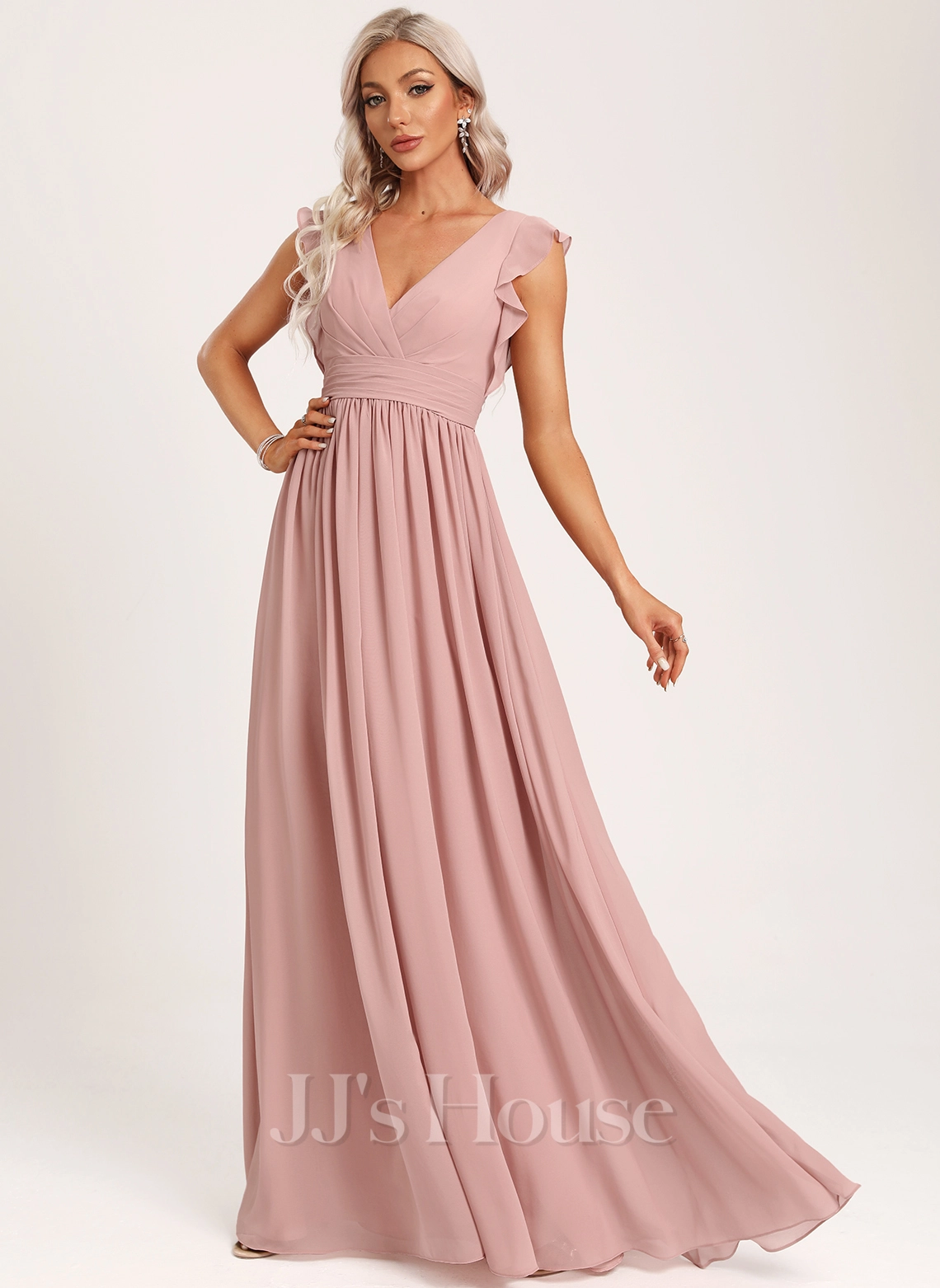 Jjshouse.fr Robe Trapèze Col V Longueur Ras Du Sol Mousseline Robe De Demoiselle D'honneur Avec Plissé 6 Jjshouse.fr Robe Trapèze Col V Longueur Ras Du Sol Mousseline Robe De Demoiselle D'honneur Avec Plissé – Image 6