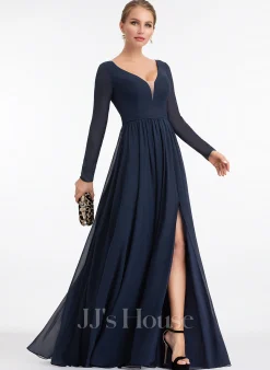 Jjshouse.fr Robe Trapèze Col V Longueur Ras Du Sol Mousseline Mousseline Robe De Demoiselle D'honneur Avec Fendue Devant -Voiles mariée Soldes cd07121d03cbd6be7abab99f376e866c