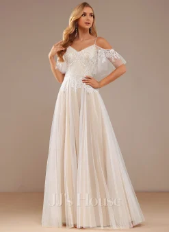 JJsHouse Robe Trapèze Col V Longueur Ras Du Sol Dentelle Tulle Robe De Mariée Avec Brodé Plissé Paillettes -Voiles mariée Soldes cd3af2f8430fdc316bdabb079e952e27