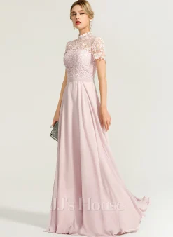 Jjshouse.fr Robe Trapèze Col Haut Longueur Ras Du Sol Mousseline Dentelle Mousseline Robe De Demoiselle D'honneur Avec Paillettes -Voiles mariée Soldes ce724fd955c7ecfcf976f987015da003