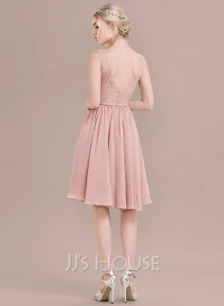 Jjshouse.fr Robe Trapèze Col V Longueur Genou Mousseline Dentelle Dentelle Mousseline Robe De Demoiselle D'honneur Avec Arc -Voiles mariée Soldes d084f32b98745855fefc7d9076561caf