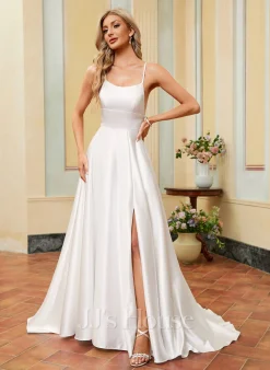 JJsHouse Robe Trapèze Scoop Balayage/pinceau Train Satiné Robe De Mariée