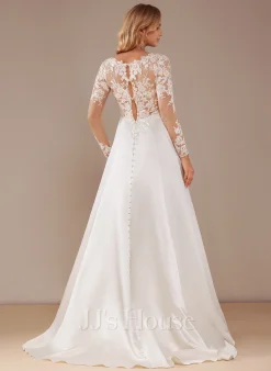 JJsHouse Robe Trapèze Col V Traîne Moyenne Dentelle Satiné Robe De Mariée Avec Paillettes -Voiles mariée Soldes d49eb7c19d9de7ad03dfbca58e168988