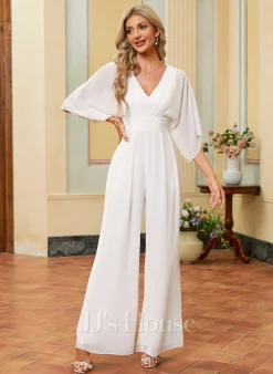 JJsHouse Jumpsuit / Pantsuit Col V Longueur Ras Du Sol Mousseline Robe De Mariée Avec Plissée