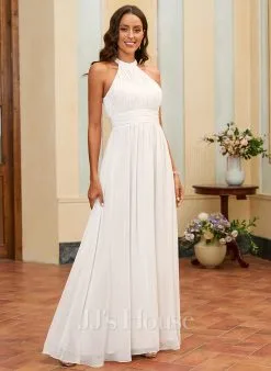 JJsHouse Robe Trapèze Col Haut Longueur Ras Du Sol Mousseline Robe De Mariée Avec Plissé