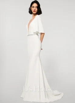 JJsHouse Forme Sirène/trompette Col V Balayage/pinceau Train Crêpe Stretch Robe De Mariée Avec Brodé -Voiles mariée Soldes d9420e22fdc778f1ec09b32b75a5c92e