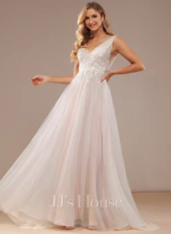 JJsHouse Robe Marquise/princesse Col V Balayage/pinceau Train Dentelle Tulle Robe De Mariée