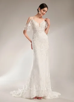 JJsHouse Forme Sirène/trompette Col V Traîne Mi-longue Dentelle Tulle Robe De Mariée Avec Brodé Paillettes