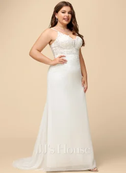 JJsHouse Forme Sirène/trompette Col V Traîne Moyenne Mousseline Dentelle Robe De Mariée Avec Brodé -Voiles mariée Soldes da517f41667064a97d37384eef6443b4