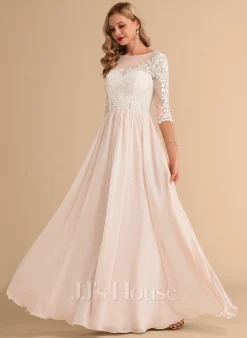 JJsHouse Robe Trapèze Illusion Longueur Ras Du Sol Mousseline Dentelle Robe De Mariée Avec Brodé Paillettes