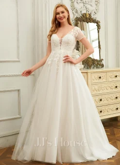 JJsHouse Robe Marquise/princesse Col V Balayage/pinceau Train Dentelle Tulle Robe De Mariée