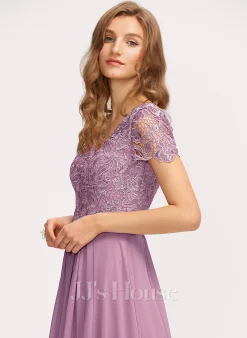 Jjshouse.fr Robe Trapèze Col V Longueur Ras Du Sol Mousseline Dentelle Mousseline Robe De Demoiselle D'honneur Avec Fendue Devant