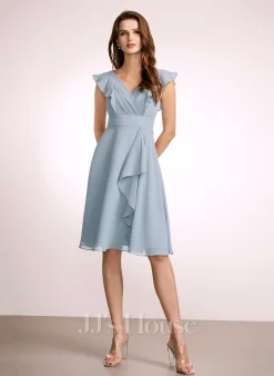 Jjshouse.fr Robe Trapèze Col V Longueur Genou Mousseline Robe De Demoiselle D'honneur Avec Plissé -Voiles mariée Soldes dd167ea99b0dec6abc12681d24efb8c0