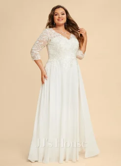 JJsHouse Robe Trapèze Col V Longueur Ras Du Sol Mousseline Dentelle Robe De Mariée -Voiles mariée Soldes dd7459000d5b425379c62bfa2719ed6a