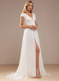 JJsHouse Robe Trapèze Col V Balayage/pinceau Train Mousseline Dentelle Robe De Mariée -Voiles mariée Soldes de56f2031f7099c6913cc6e499fbda7b