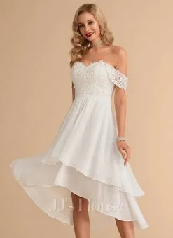 JJsHouse Robe Trapèze épaule Dénudée Asymétrique Mousseline Dentelle Robe De Mariée Avec Brodé Paillettes