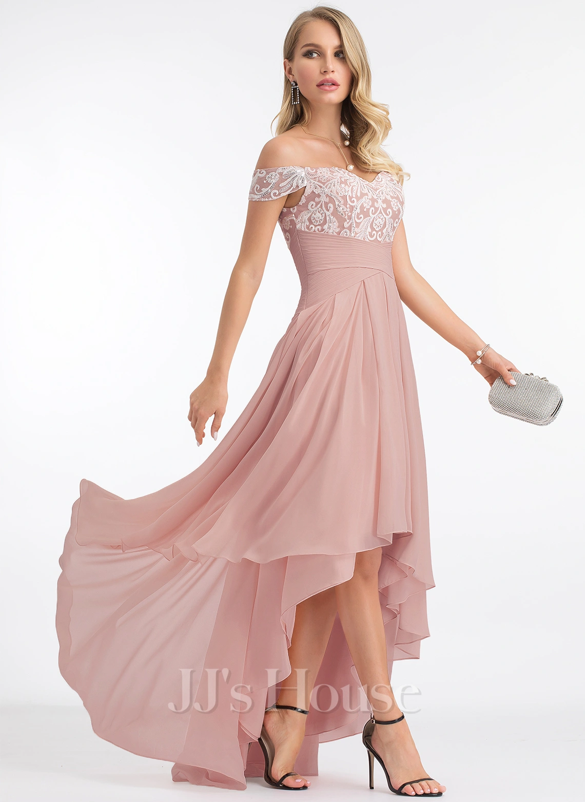 JJsHouse Robe Trapèze épaule Dénudée Asymétrique Mousseline Dentelle Robe De Mariée Avec Plissée 6 JJsHouse Robe Trapèze épaule Dénudée Asymétrique Mousseline Dentelle Robe De Mariée Avec Plissée – Image 6