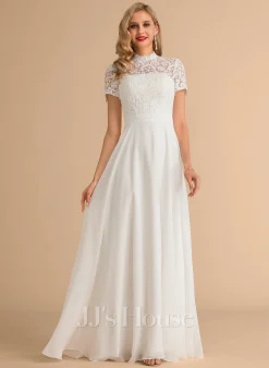 JJsHouse Robe Trapèze Col Haut Longueur Ras Du Sol Mousseline Dentelle Robe De Mariée