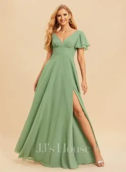 Jjshouse.fr Robe Trapèze Col V Longueur Ras Du Sol Mousseline Robe De Demoiselle D'honneur Avec Plissé Fendue Devant