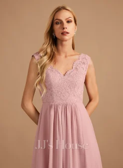 Jjshouse.fr Robe Trapèze Col V Longueur Ras Du Sol Mousseline Dentelle Robe De Demoiselle D'honneur Avec Fendue Devant Poches -Voiles mariée Soldes e36776766c7909b3356f4f41d9362019