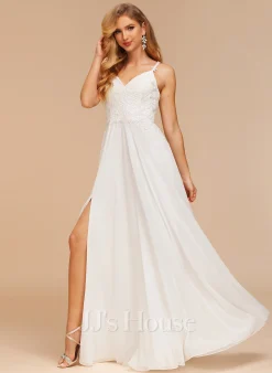 JJsHouse Robe Trapèze Col V Longueur Ras Du Sol Mousseline Dentelle Robe De Mariée -Voiles mariée Soldes e4e07adeeda49d2782b1ad621e2cd14b