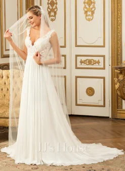 JJsHouse Robe Trapèze Col V Traîne Moyenne Mousseline Dentelle Robe De Mariée