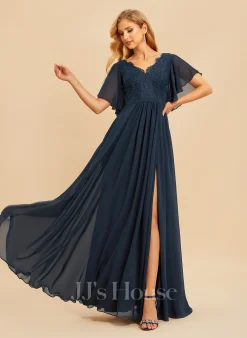 Jjshouse.fr Robe Trapèze Col V Longueur Ras Du Sol Mousseline Dentelle Robe De Demoiselle D'honneur Avec Dentelle Fendue Devant