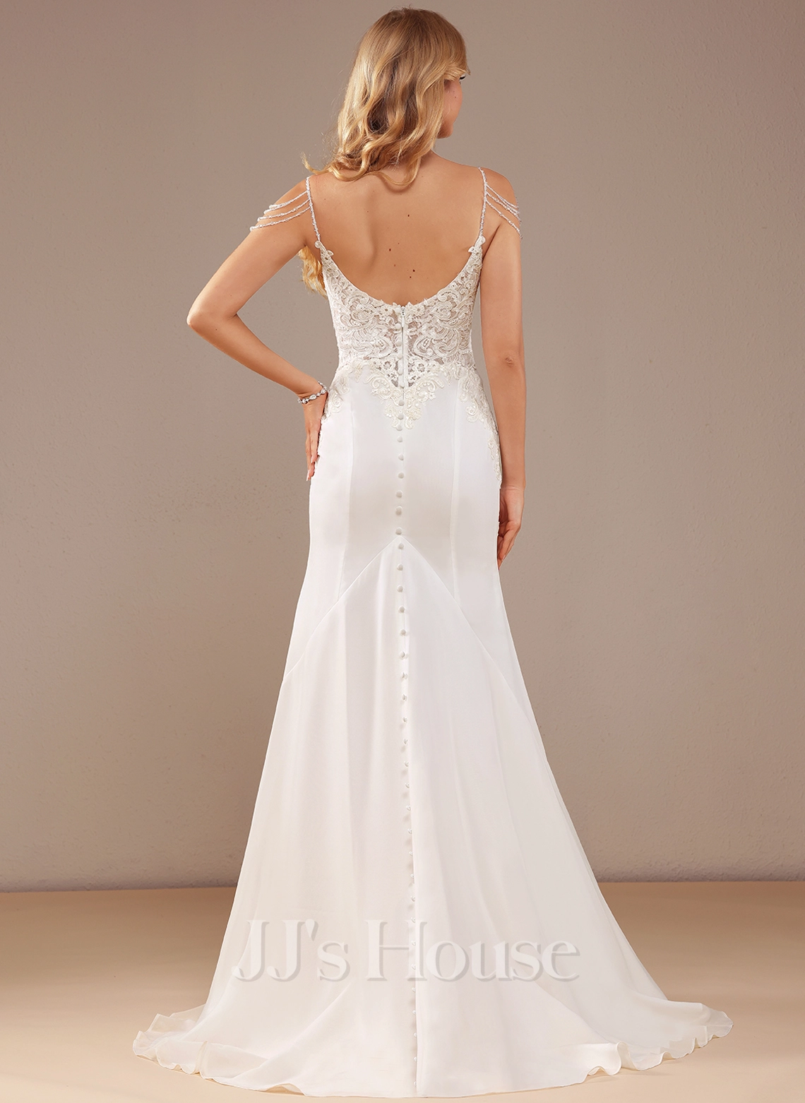JJsHouse Forme Sirène/trompette Col V Traîne Moyenne Mousseline Dentelle Robe De Mariée Avec Brodé Paillettes 2 JJsHouse Forme Sirène/trompette Col V Traîne Moyenne Mousseline Dentelle Robe De Mariée Avec Brodé Paillettes – Image 2