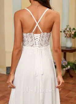 JJsHouse Robe Trapèze Col V Longueur Ras Du Sol Mousseline Dentelle Robe De Mariée Avec Paillettes -Voiles mariée Soldes ea43f8812ce72a645d3e9865122dc636