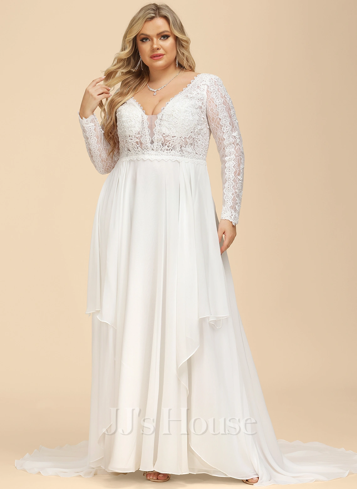 JJsHouse Robe Trapèze Col V Traîne Moyenne Mousseline Dentelle Robe De Mariée Avec Plissé 10 JJsHouse Robe Trapèze Col V Traîne Moyenne Mousseline Dentelle Robe De Mariée Avec Plissé – Image 10