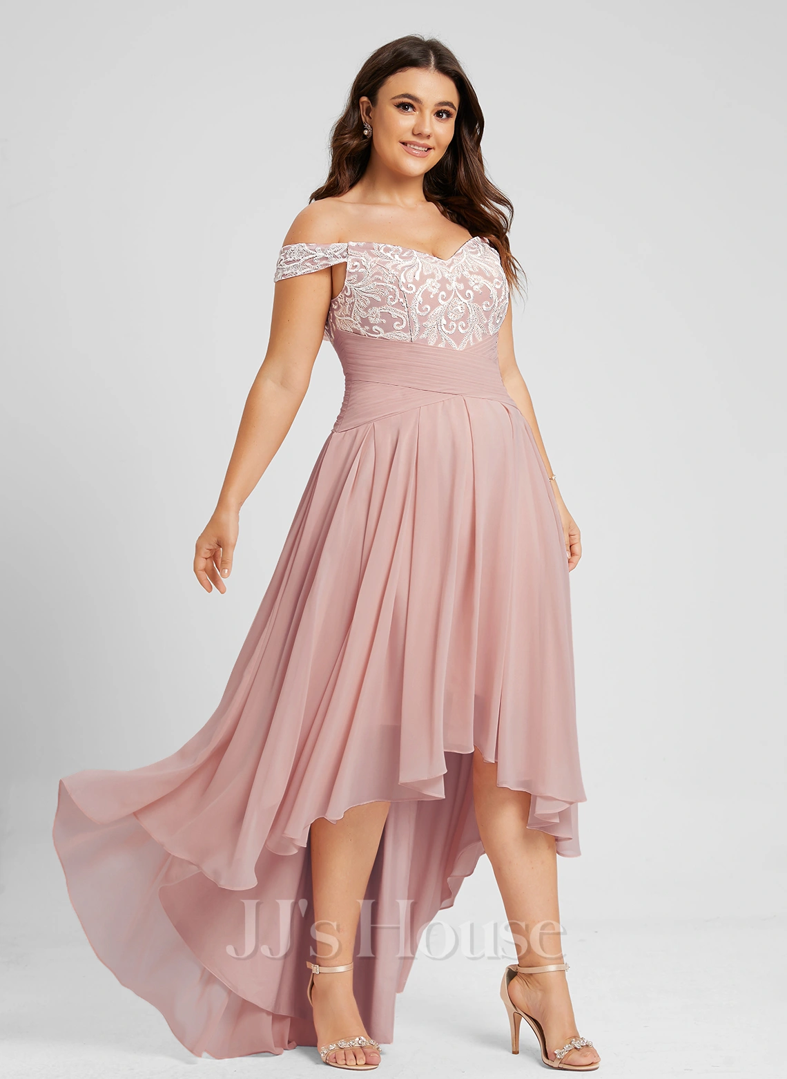 JJsHouse Robe Trapèze épaule Dénudée Asymétrique Mousseline Dentelle Robe De Mariée Avec Plissée 7 JJsHouse Robe Trapèze épaule Dénudée Asymétrique Mousseline Dentelle Robe De Mariée Avec Plissée – Image 7