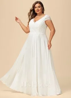 JJsHouse Robe Trapèze Col V Longueur Ras Du Sol Mousseline Dentelle Robe De Mariée Avec Plissé -Voiles mariée Soldes ee9095fd82011055bd7d23ae756f9e2d