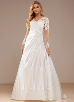 JJsHouse Robe Trapèze Col V Traîne Moyenne Dentelle Satiné Robe De Mariée Avec Paillettes -Voiles mariée Soldes efb3fdd645cf2dae5b896b651348fc1a