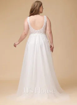 JJsHouse Robe Trapèze Col V Balayage/pinceau Train Dentelle Tulle Robe De Mariée Avec Paillettes -Voiles mariée Soldes f251d529412926ff3e05d0d5a1870fc3