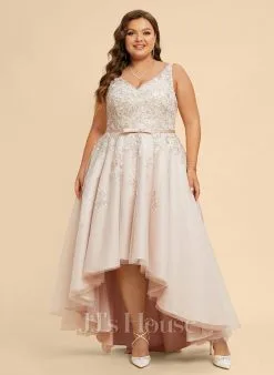 JJsHouse Robe Trapèze Col V Asymétrique Dentelle Satiné Tulle Robe De Mariée Avec Arc -Voiles mariée Soldes f2c80e24cc175a2578b70eadb76e8bb1