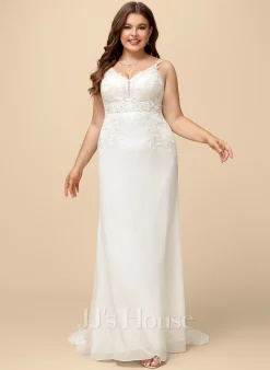 JJsHouse Forme Sirène/trompette Col V Traîne Moyenne Mousseline Dentelle Robe De Mariée Avec Brodé -Voiles mariée Soldes f325cd1799290315234b799251fed133