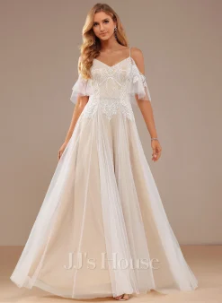 JJsHouse Robe Trapèze Col V Longueur Ras Du Sol Dentelle Tulle Robe De Mariée Avec Brodé Plissé Paillettes -Voiles mariée Soldes f46820bcccbf59c0995bbd84b1a1631c