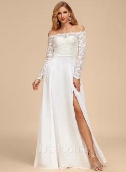 JJsHouse Robe Trapèze épaule Dénudée Longueur Ras Du Sol Mousseline Dentelle Robe De Mariée -Voiles mariée Soldes f4ec8513a36aad171696c25106876254