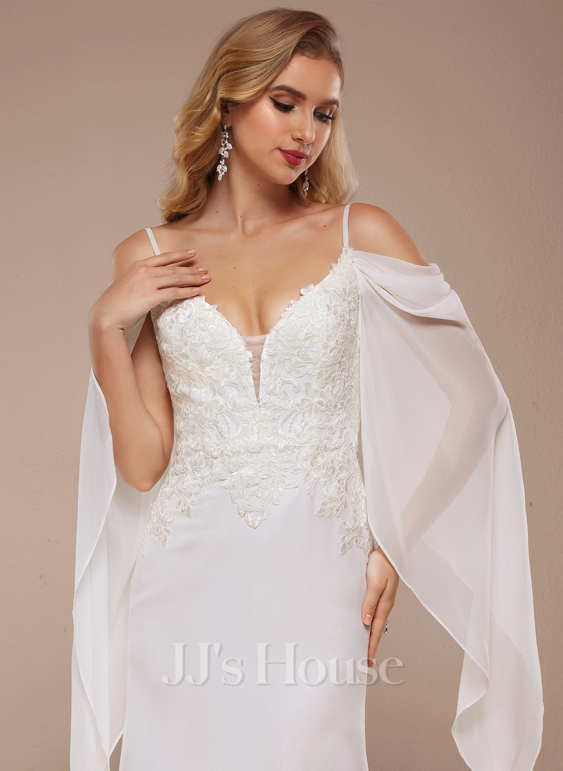 JJsHouse Forme Sirène/trompette Accueil Froid Balayage/pinceau Train Mousseline Dentelle Robe De Mariée 5 JJsHouse Forme Sirène/trompette Accueil Froid Balayage/pinceau Train Mousseline Dentelle Robe De Mariée – Image 5