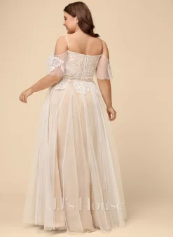 JJsHouse Robe Trapèze Col V Longueur Ras Du Sol Dentelle Tulle Robe De Mariée Avec Brodé Plissé Paillettes -Voiles mariée Soldes f6e70bf24b8440f034c0ad640ddf40db