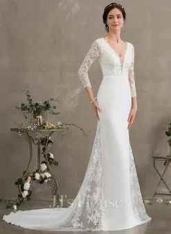 JJsHouse Forme Sirène/trompette Col V Mousseline Dentelle Robe De Mariée Avec Brodé Paillettes -Voiles mariée Soldes f7b8858b813efcb3962492ea65063627