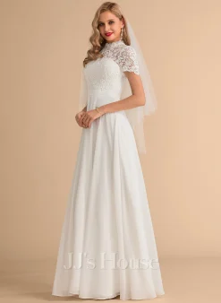 JJsHouse Robe Trapèze Col Haut Longueur Ras Du Sol Mousseline Dentelle Robe De Mariée -Voiles mariée Soldes f7f35fe351b248be5d4a0fe218c39124