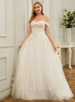 JJsHouse Robe Trapèze épaule Dénudée Balayage/pinceau Train Dentelle Tulle Robe De Mariée Avec Paillettes -Voiles mariée Soldes f883714eda4a67fb75ad7ae514bfea33