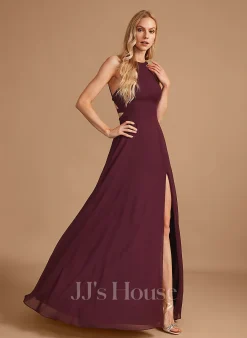 Jjshouse.fr Robe Trapèze Col Haut Longueur Ras Du Sol Mousseline Robe De Demoiselle D'honneur Avec Fendue Devant -Voiles mariée Soldes f96fb69b7123eee82389824ef1167ed2