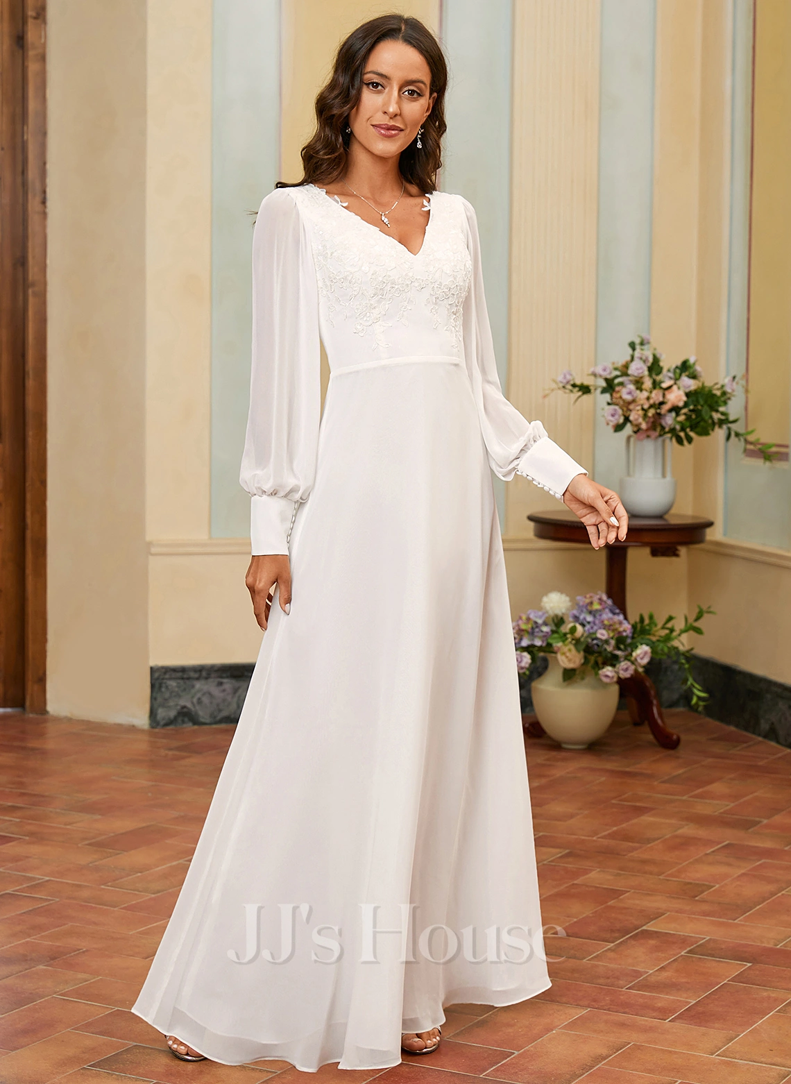 JJsHouse Robe Trapèze Col V Longueur Ras Du Sol Mousseline Dentelle Robe De Mariée Avec Paillettes 2 JJsHouse Robe Trapèze Col V Longueur Ras Du Sol Mousseline Dentelle Robe De Mariée Avec Paillettes – Image 2