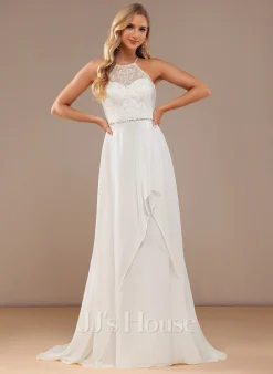 JJsHouse Robe Trapèze Col Haut Balayage/pinceau Train Mousseline Dentelle Robe De Mariée Avec Brodé Paillettes 9 JJsHouse Robe Trapèze Col Haut Balayage/pinceau Train Mousseline Dentelle Robe De Mariée Avec Brodé Paillettes -Voiles mariée Soldes fa525a0861423f4f344cc55a943182bb